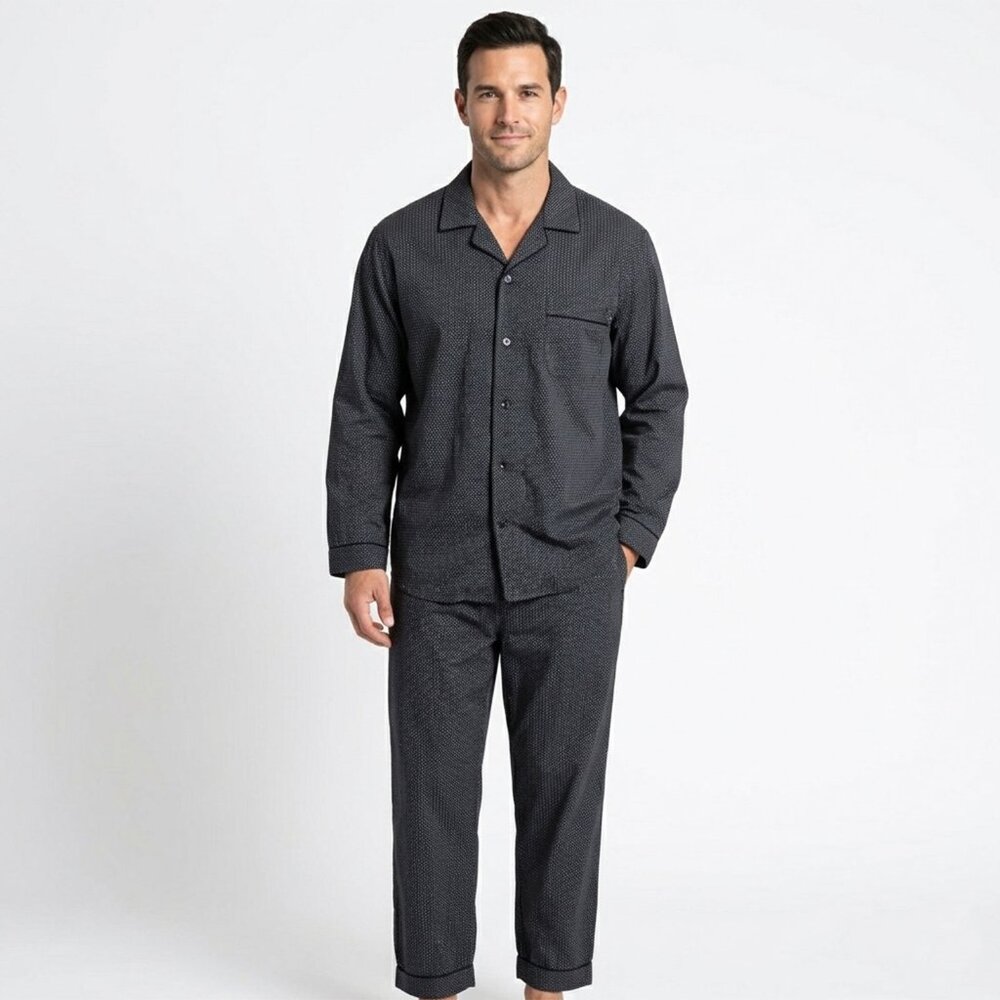 Vintage Jones New York 100% Cotton Unisex Pajama Set Black Blue White Micro Dot